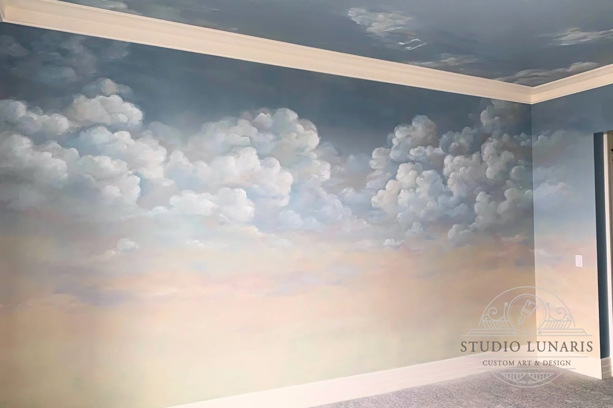 Nursery room mural with a sunset sky theme