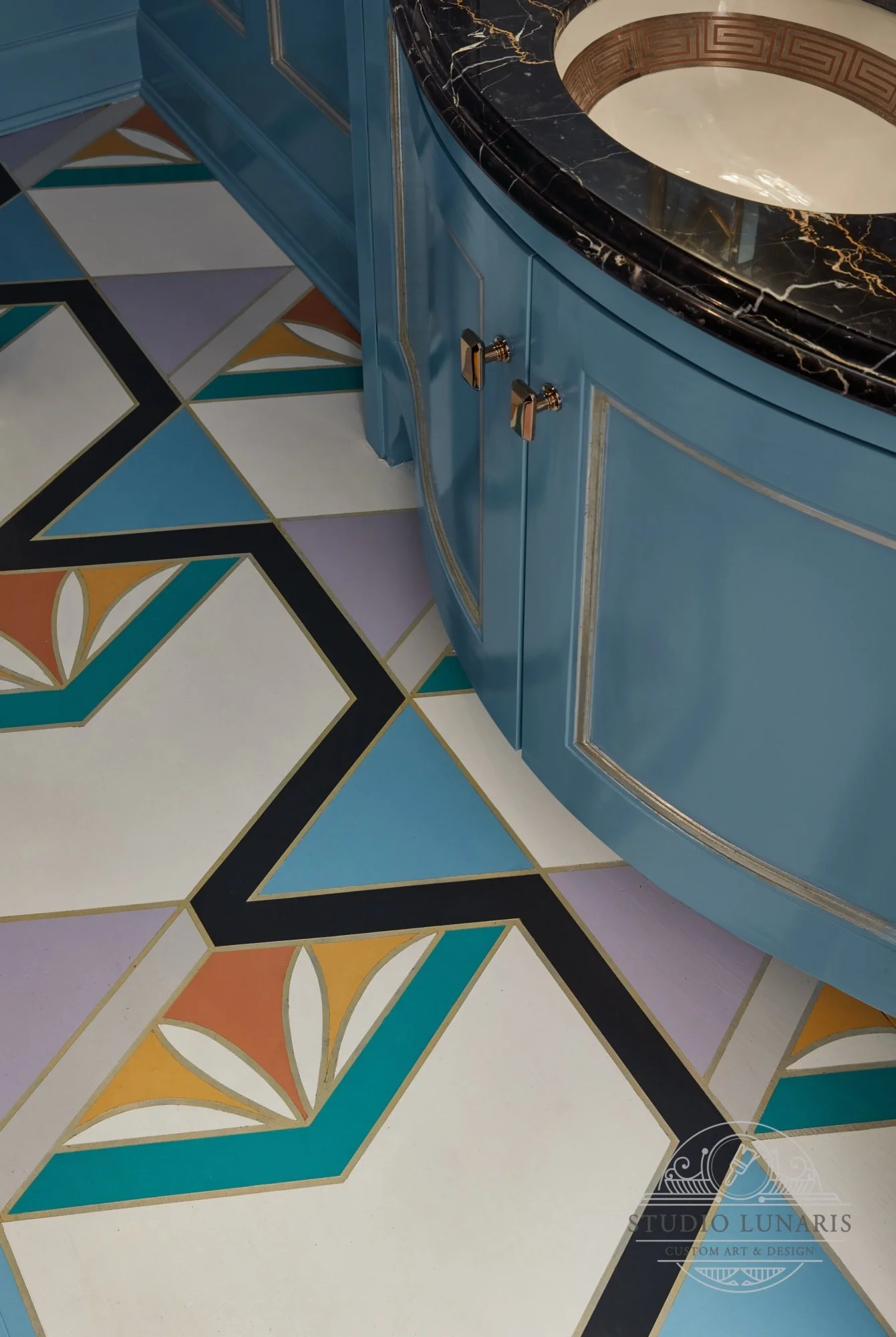 Powder floor painted floor design with a geometric pattern and metallic stripe accents