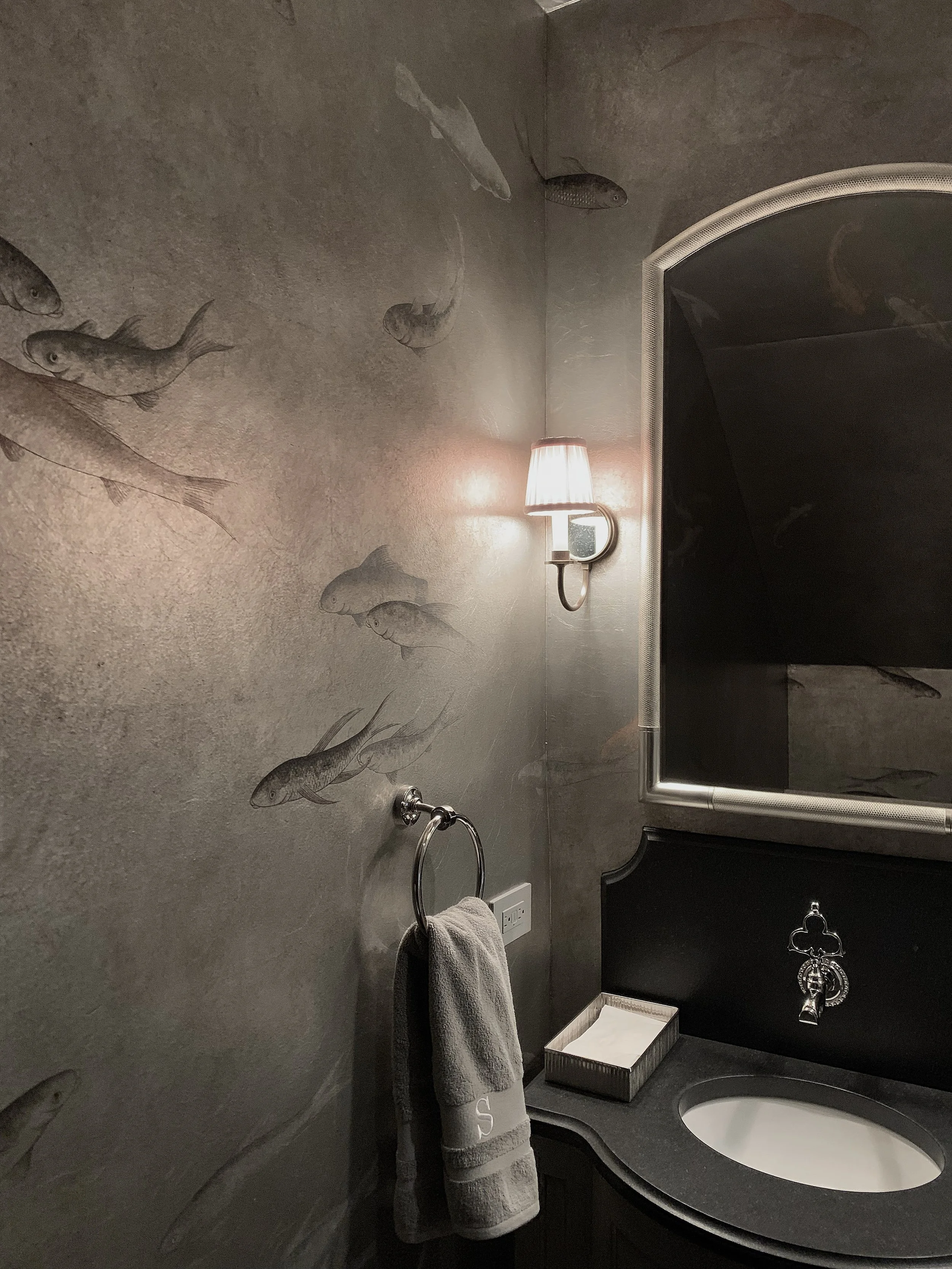Powder room silver leaf patina mural with playful koi fish design