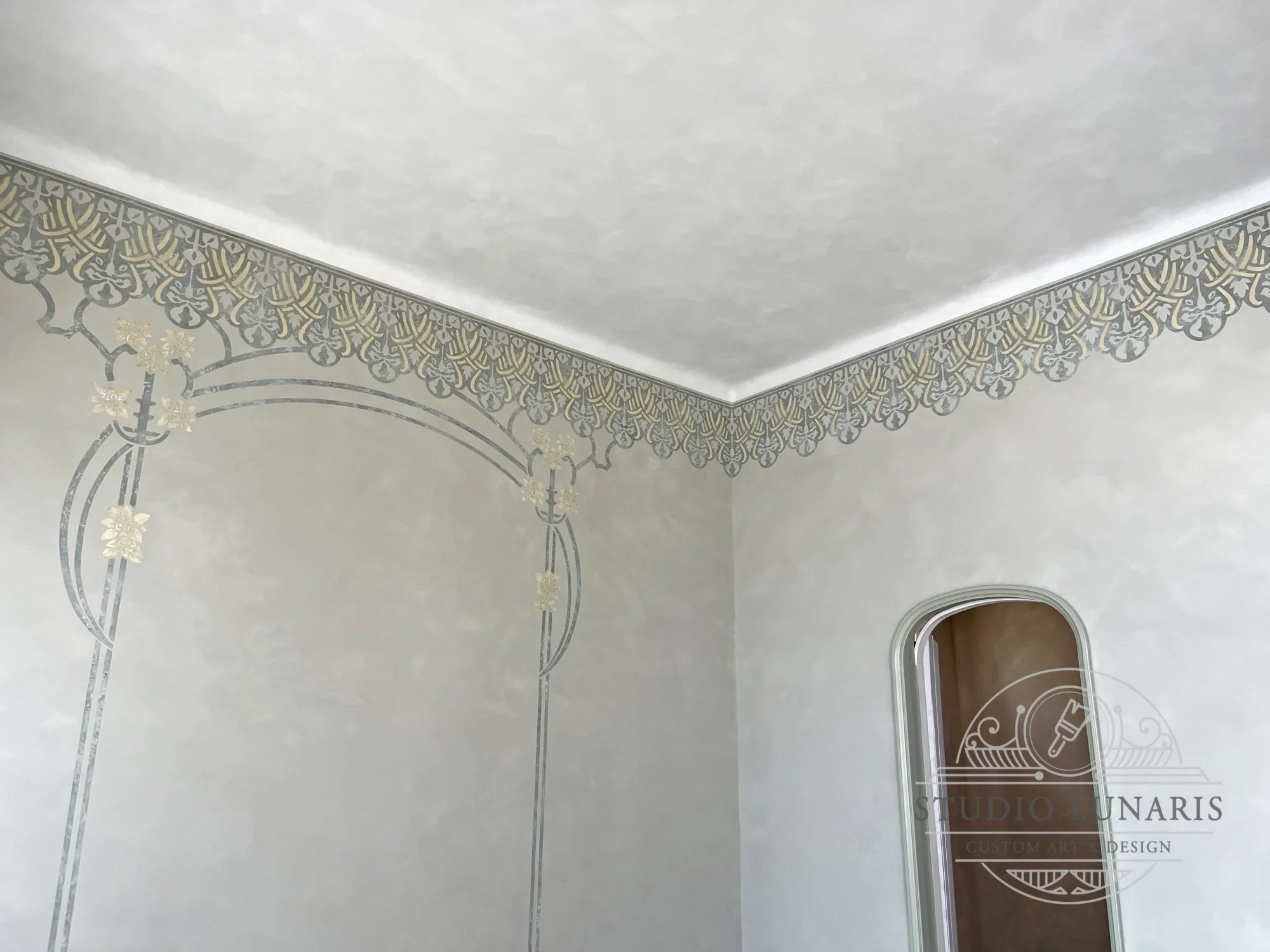 Art Nouveau inspired bedroom walls mural with stenciled raised plaster pattern and bed area canopy design