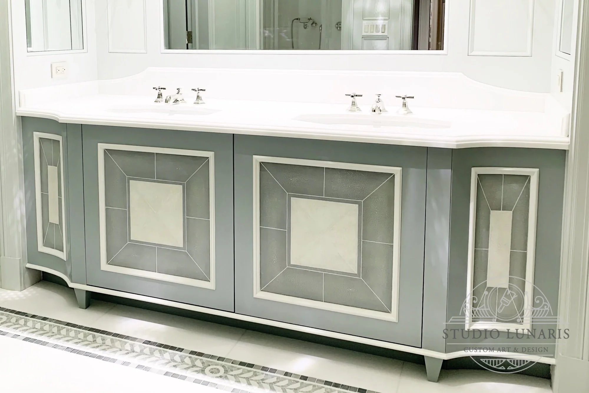 Bathroom vanity cabinet with faux shagreen texture on doors