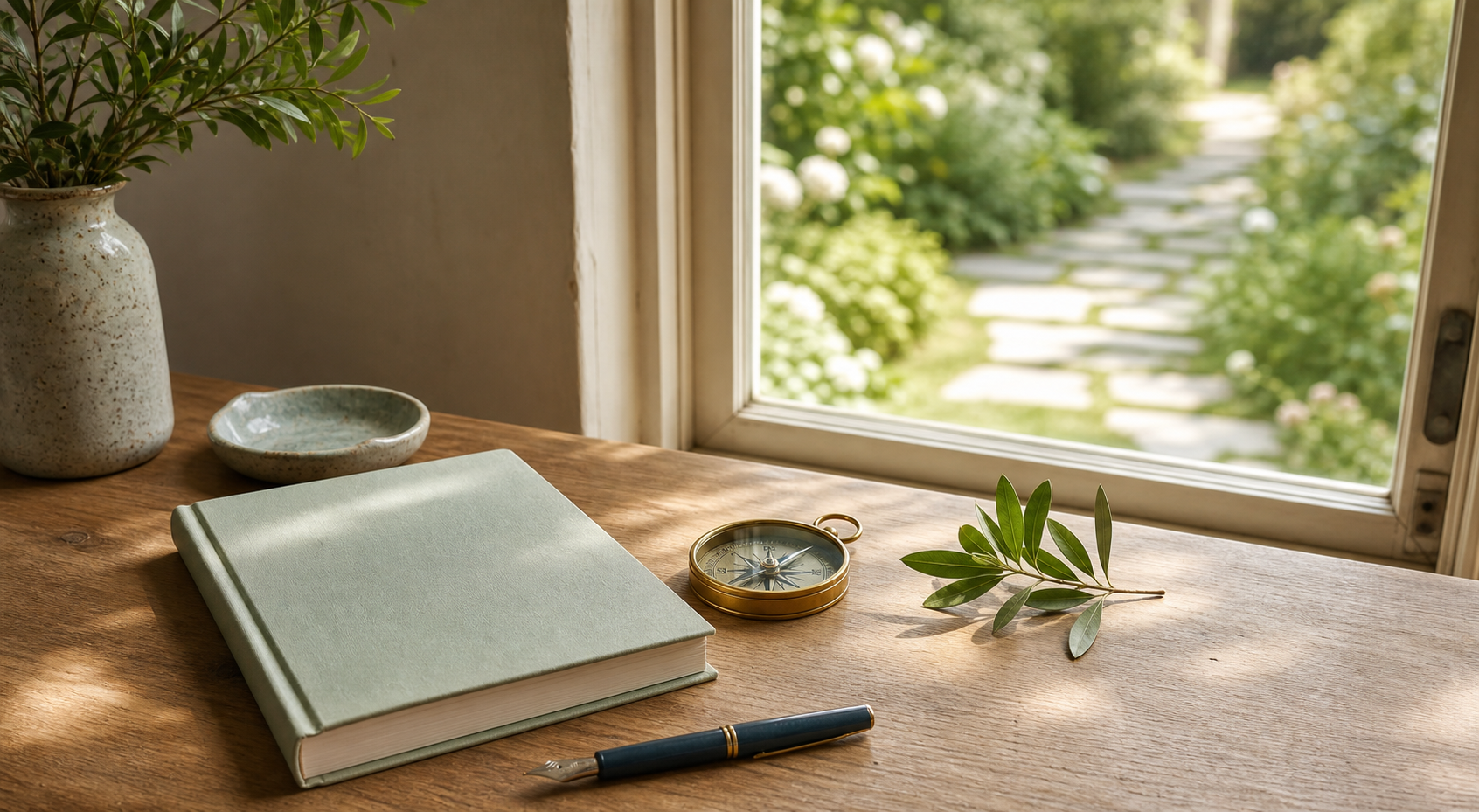 A wooden desk by a window with a green journal, a black fountain pen, a gold compass, a sprig of green leaves, a speckled ceramic vase with greenery, and a matching small dish, overlooking a garden pathway with greenery and white flowers.