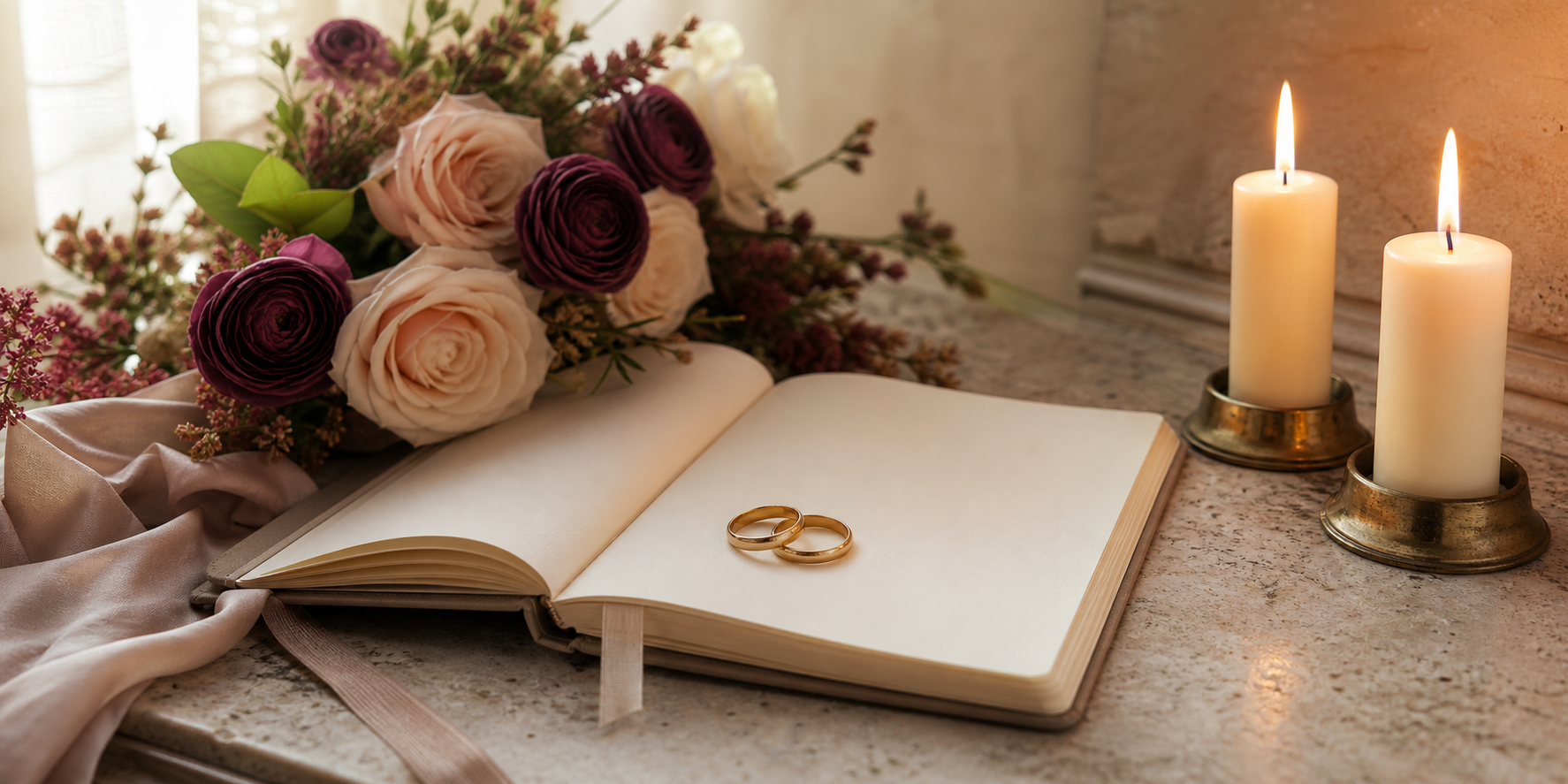 Two gold wedding rings on an open guestbook, surrounded by a bouquet of pink and purple roses and flowers, and lit candles on a marble surface.