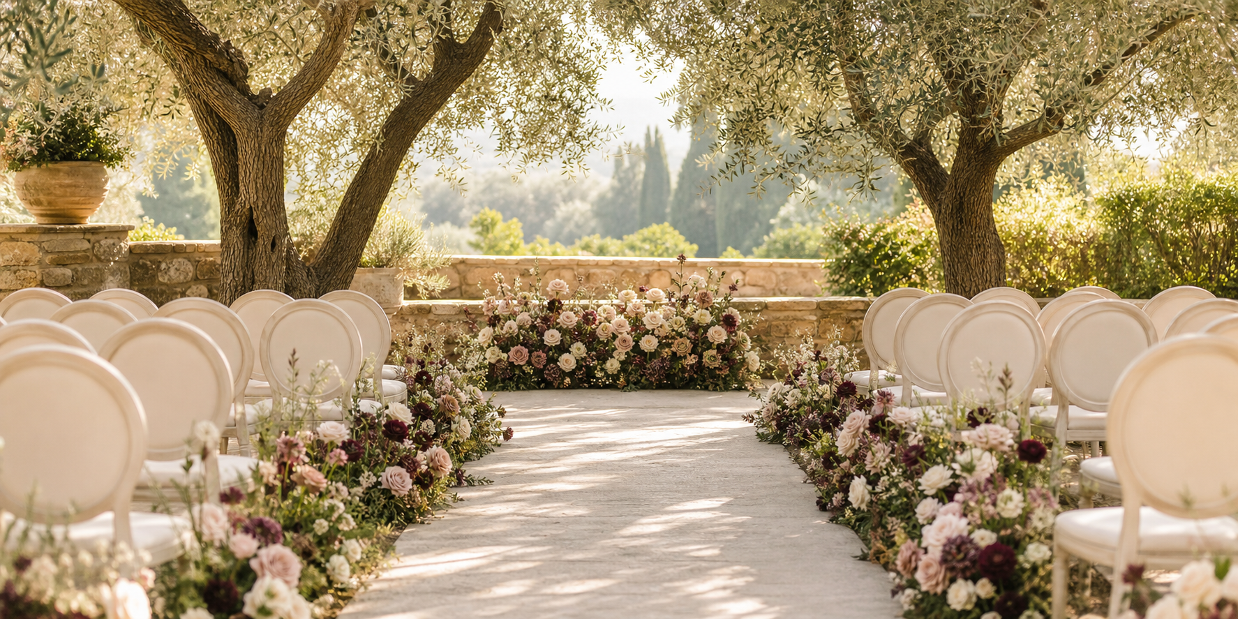 Outdoor wedding ceremony area with white chairs, floral arrangements, and large trees on either side in a garden setting.