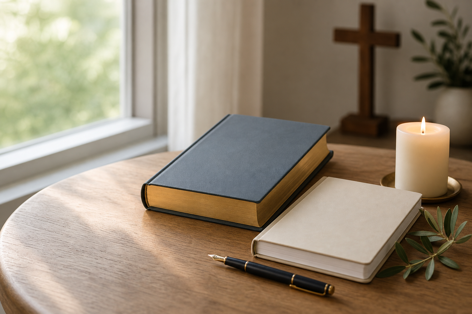 Table with a closed blue book, an open beige book, a black pen with gold accents, a lit white candle, and a small plant next to it. In the background, a window with a view outside, and a wooden cross on the wall.