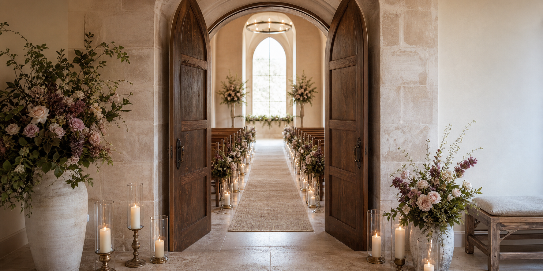 An elegant wedding ceremony setup inside a church with decorated pews, floral arrangements, and candles along the aisle, viewed through wooden double doors.