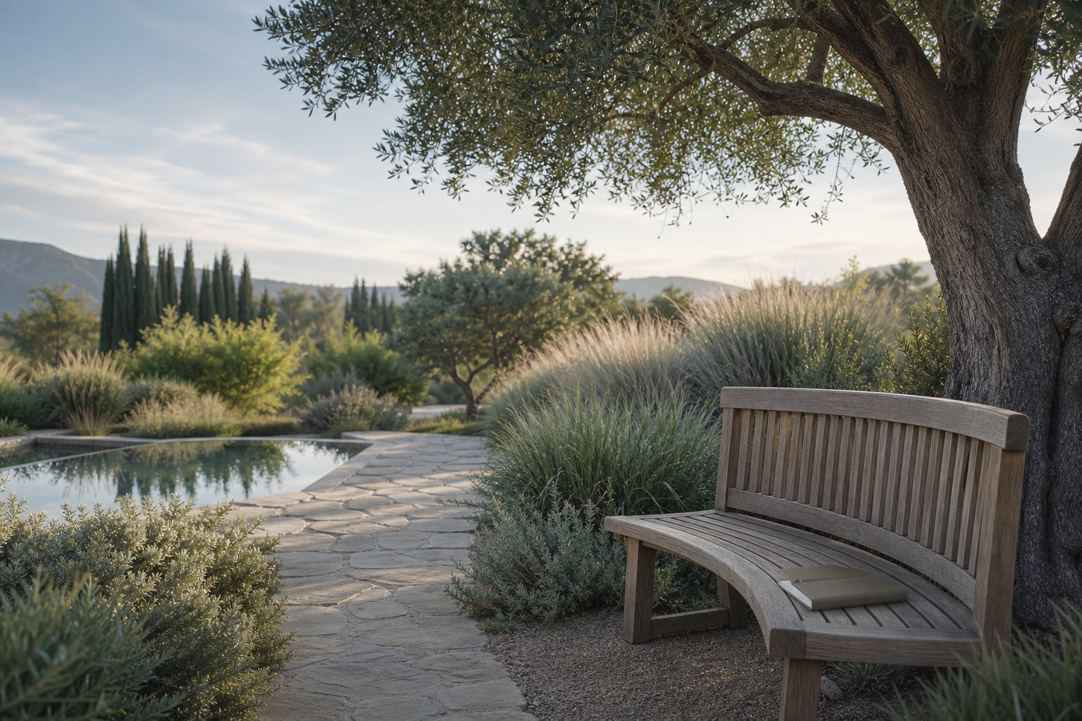 A peaceful garden scene with a curved wooden bench under a large tree, surrounded by tall grasses and bushes, with a stone pathway and a small pool in the background, mountains under a cloudy sky.