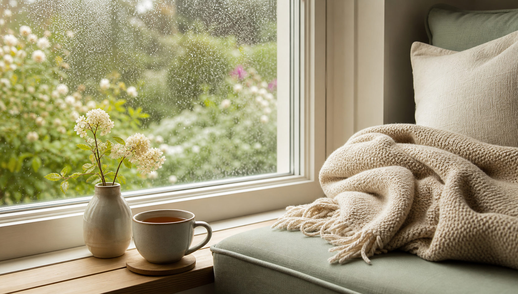 A cozy windowsill scene with a white vase holding white flowers and a mug of tea on a round coaster, next to a beige blanket and pillows, with rain on the outside window and greenery visible.