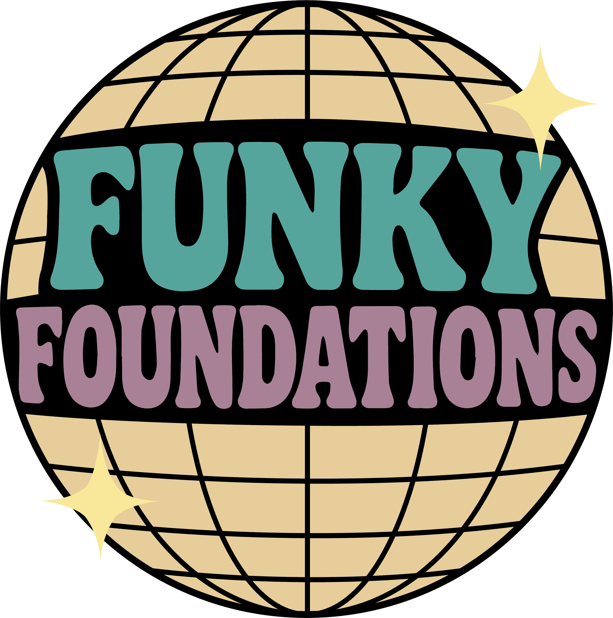 A circular logo with a black globe outline, beige grid pattern, and the words 'FUNKY' and 'FREQUENCIES' in stylized teal and purple text, surrounded by yellow star-like accents.