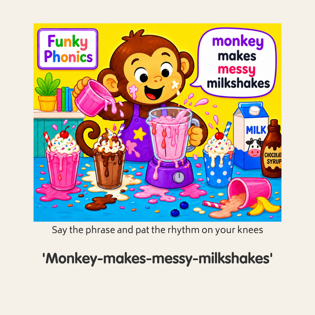 Colorful cartoon illustration of a monkey mixing a pink milkshake with spilled ingredients, surrounded by cupcakes, a milk carton, a chocolate syrup bottle, and a banana. The scene is playful and messy, with a caption about saying a phrase and doing a rhyme.