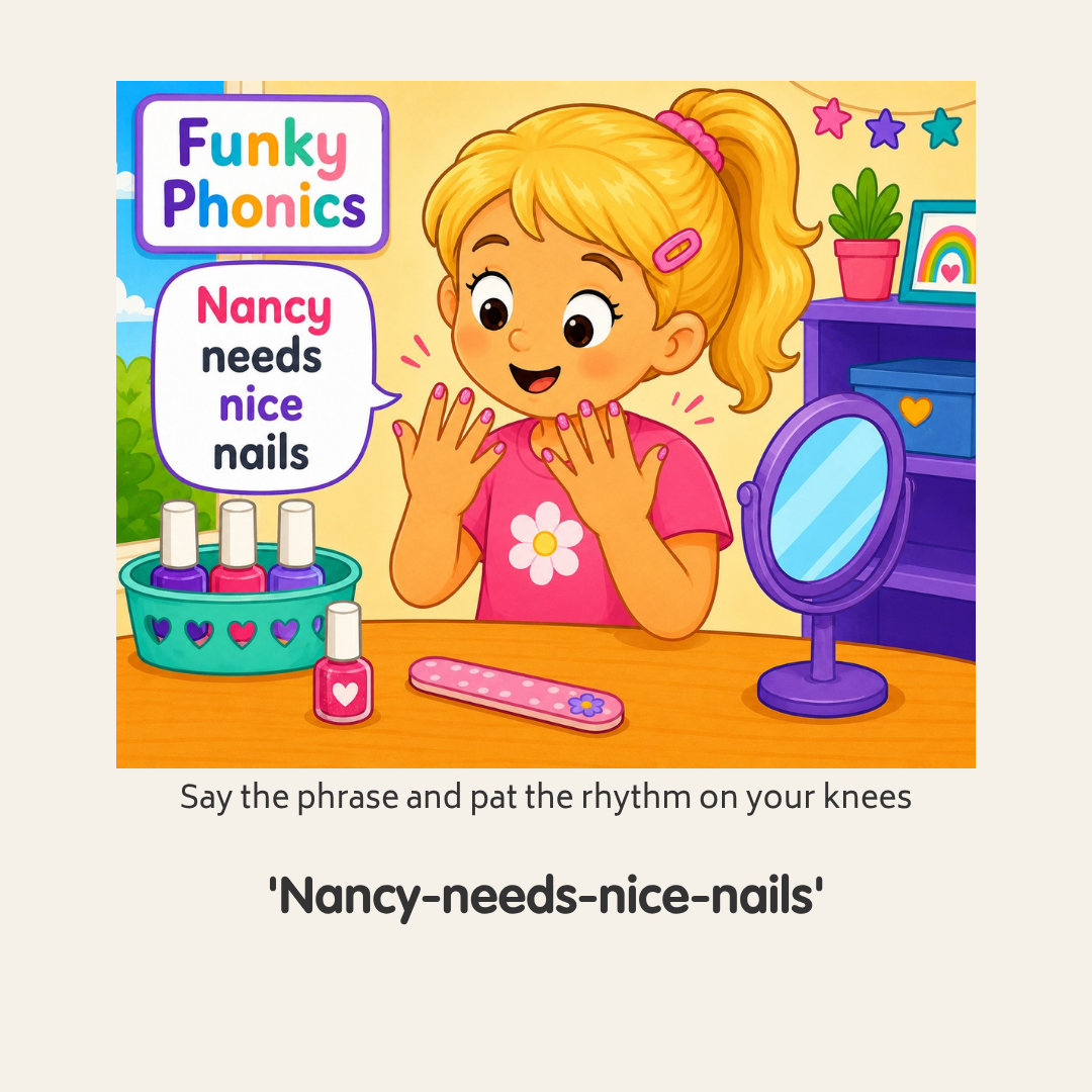 A young girl with blonde hair and a pink hair clip, smiling and showing her nails while sitting at a table with nail polish bottles. There is a mirror and a dresser with a plant and framed rainbow picture in the background. The image is part of a children's phonics learning activity titled "Funky Phonics," teaching the phrase 'Nancy needs nice nails.'