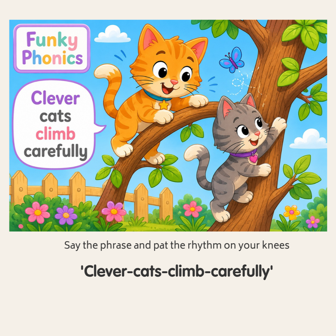 Colorful children's book page featuring two animated cats climbing a tree, with a blue sky, clouds, a butterfly, flowers, and a wooden fence. The title 'Funky Phonics' and the phrase 'Clever cats climb carefully' are displayed.