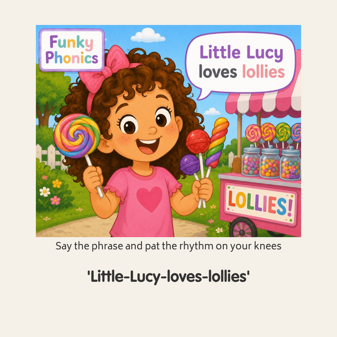 Illustration of a young girl with curly hair wearing a pink shirt with a heart, holding colorful lollipops, standing near a pink and white lollipop stand at an outdoor fair. The scene includes a sign that says "Funky Phonics" and a speech bubble that reads "Little Lucy loves lollies."