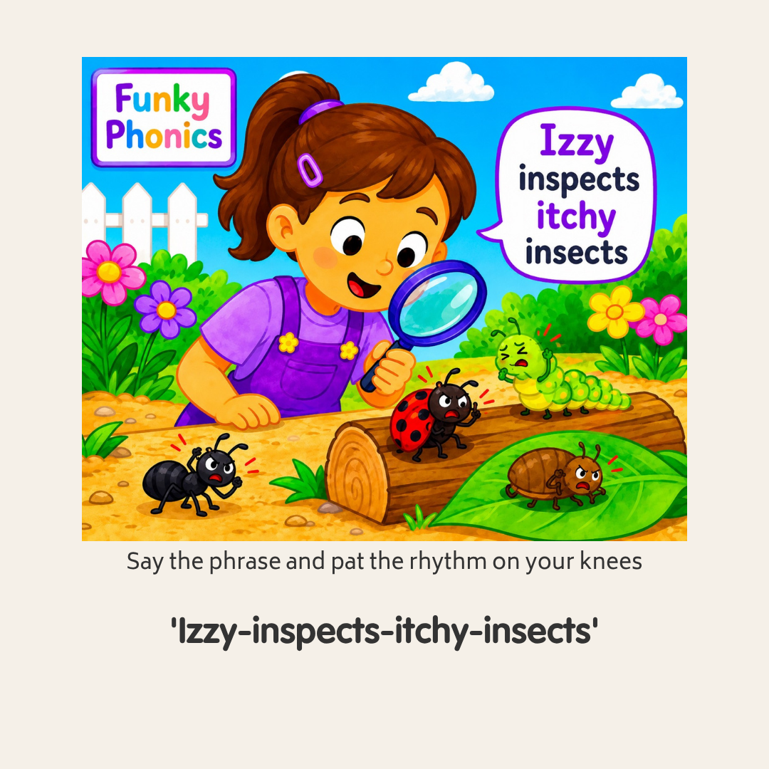 A cartoon girl with a magnifying glass inspecting colorful cartoon bugs outdoors in a garden with flowers, green bushes, and a white picket fence, for a children's phonics book.