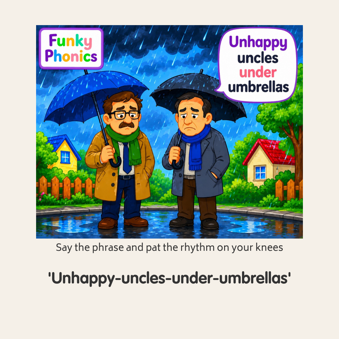 Two men with sad expressions standing under umbrellas in the rain, with puddles on the ground and houses and trees in the background. The image is part of a kids' phonics lesson titled 'Unhappy uncles under umbrellas' from Funky Phonics, instructing to say the phrase and pat the rhythm on knees.