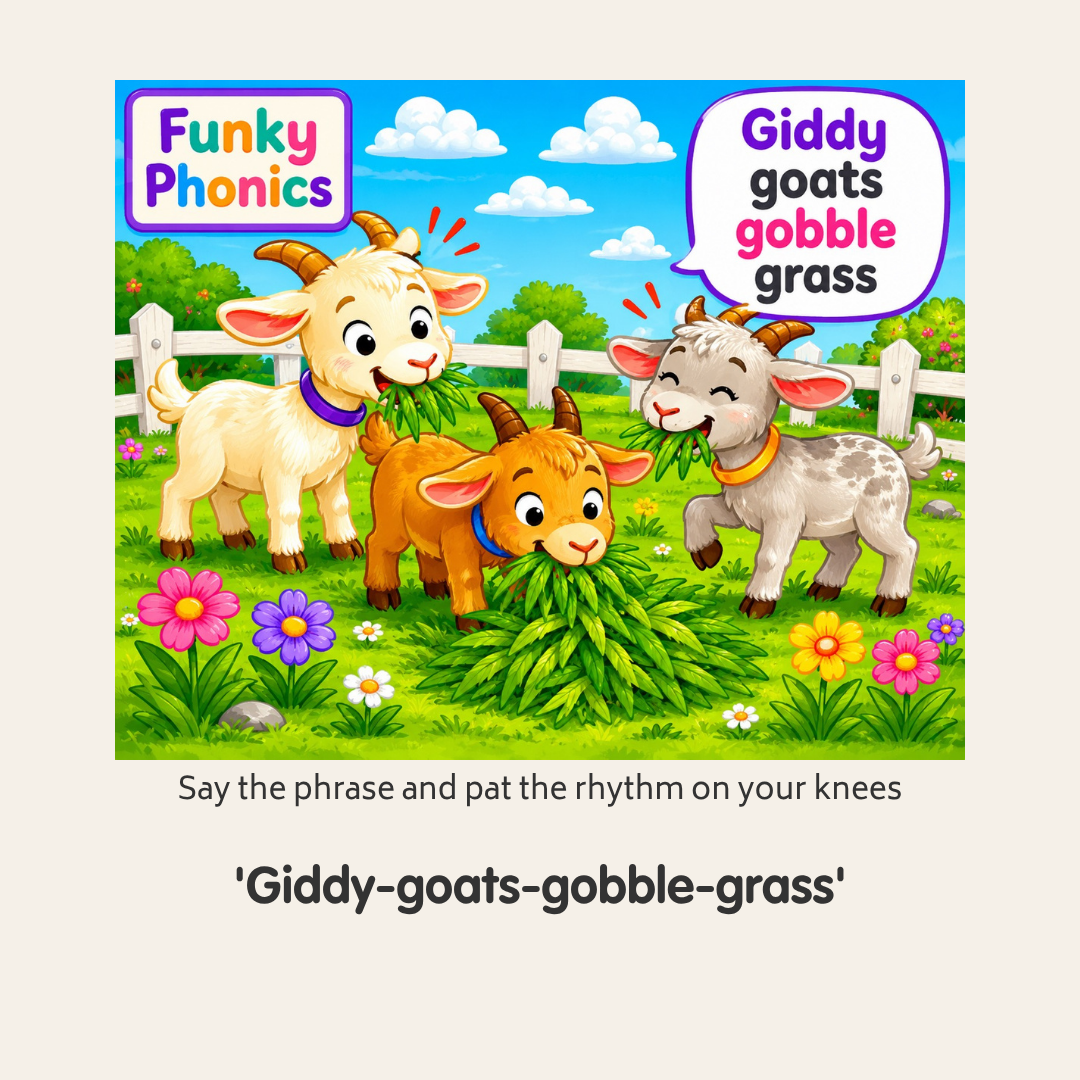 Three cartoon goats eating grass in a colorful outdoor setting with flowers and a wooden fence, with a blue sky and clouds in the background. The image is part of a kids' educational activity about phonics.