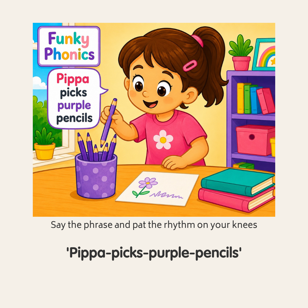 A young girl with brown hair, pink hair clips, and a pink shirt with a flower, is holding a purple pencil over a cup of other purple pencils on a table. There is a drawing of a flower and a line on a piece of paper in front of her. A sign on the left says "Funky Phonics" and "Pippa picks purple pencils." A bookshelf with colorful books, a plant, and a rainbow picture are in the background.