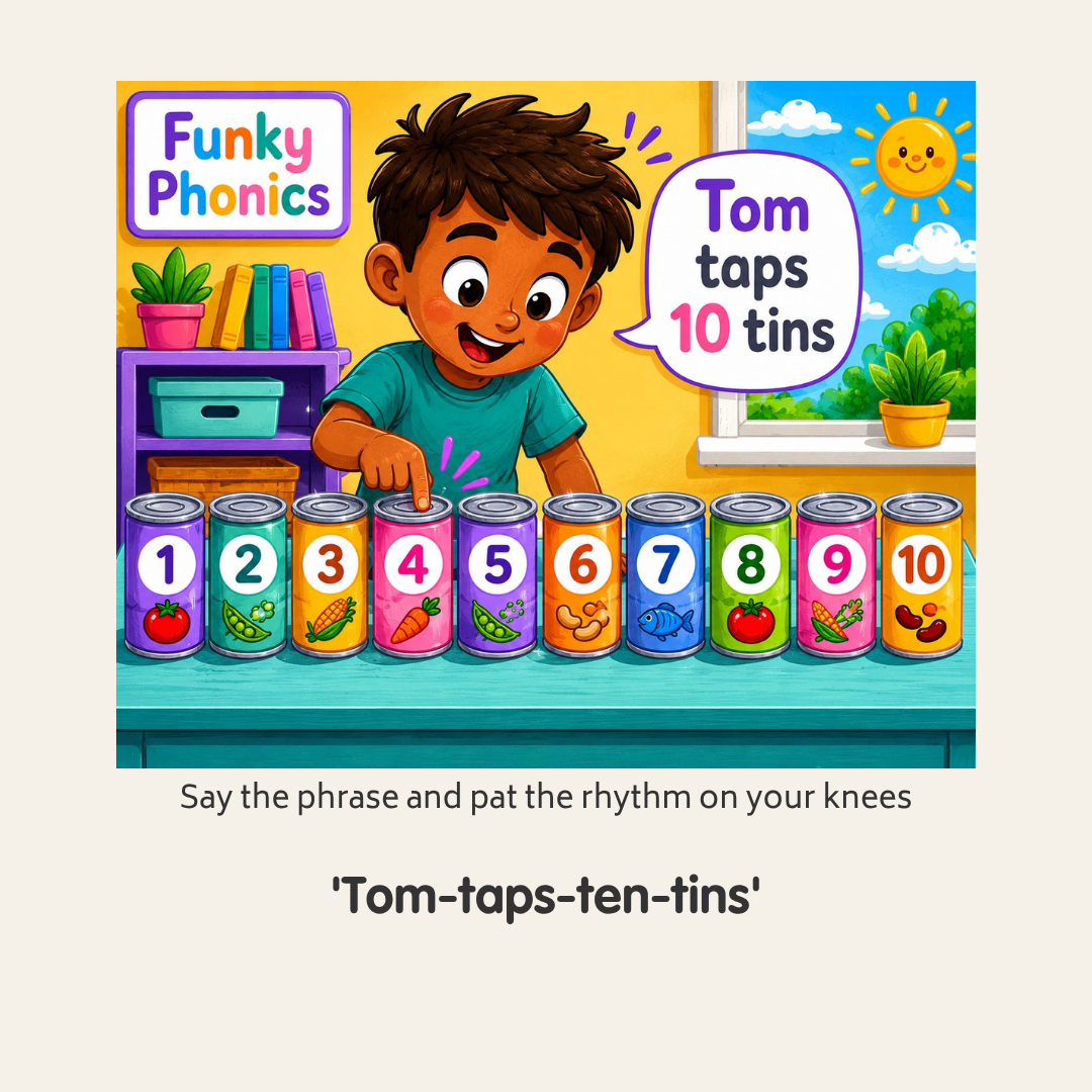 Colorful illustration of a boy named Tom tapping a can labeled '4' in a row of cans numbered 1 to 10, each with a different food image, in a children's educational book about phonics and counting.