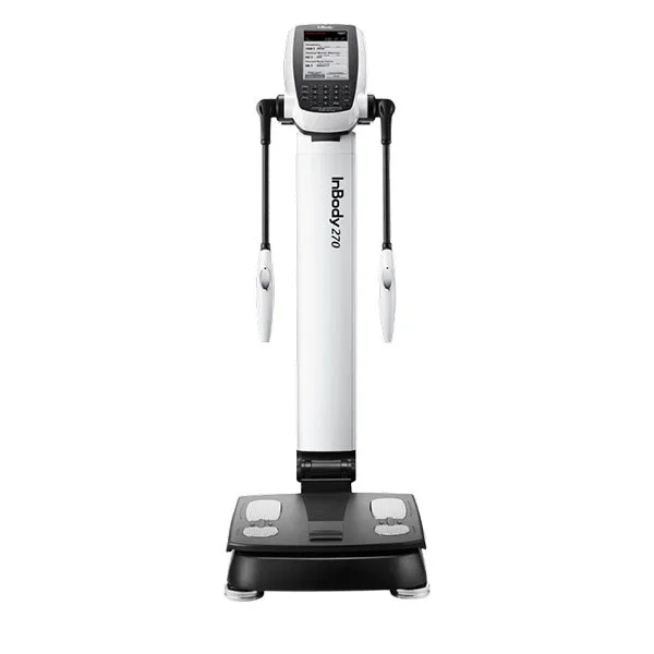 Medical or fitness device with a digital screen, two handlebars, and a platform for standing, labeled InBody 270.