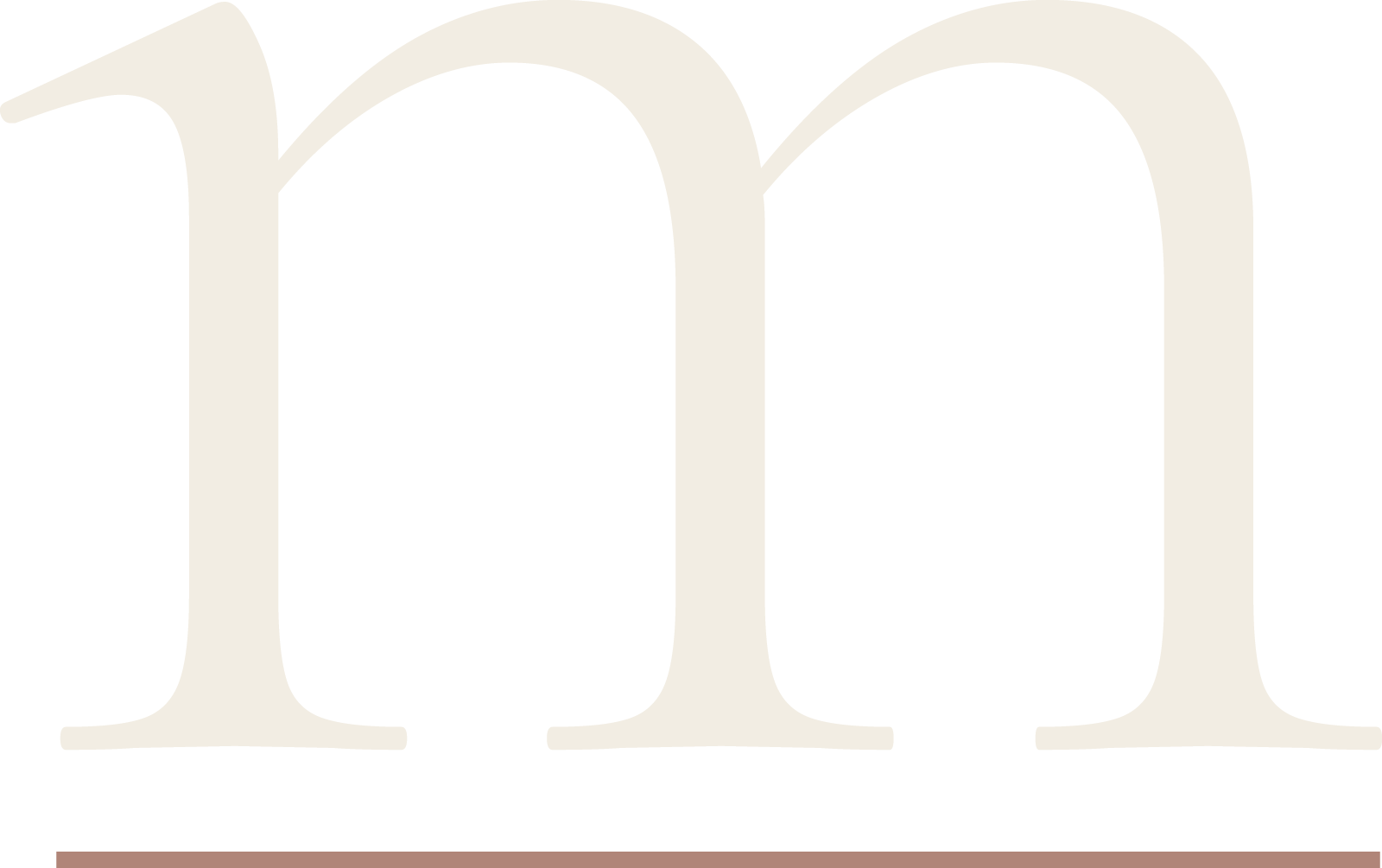 Close-up of a large, stylized letter 'm' in cream color on a black background, with a thin brown line at the bottom.