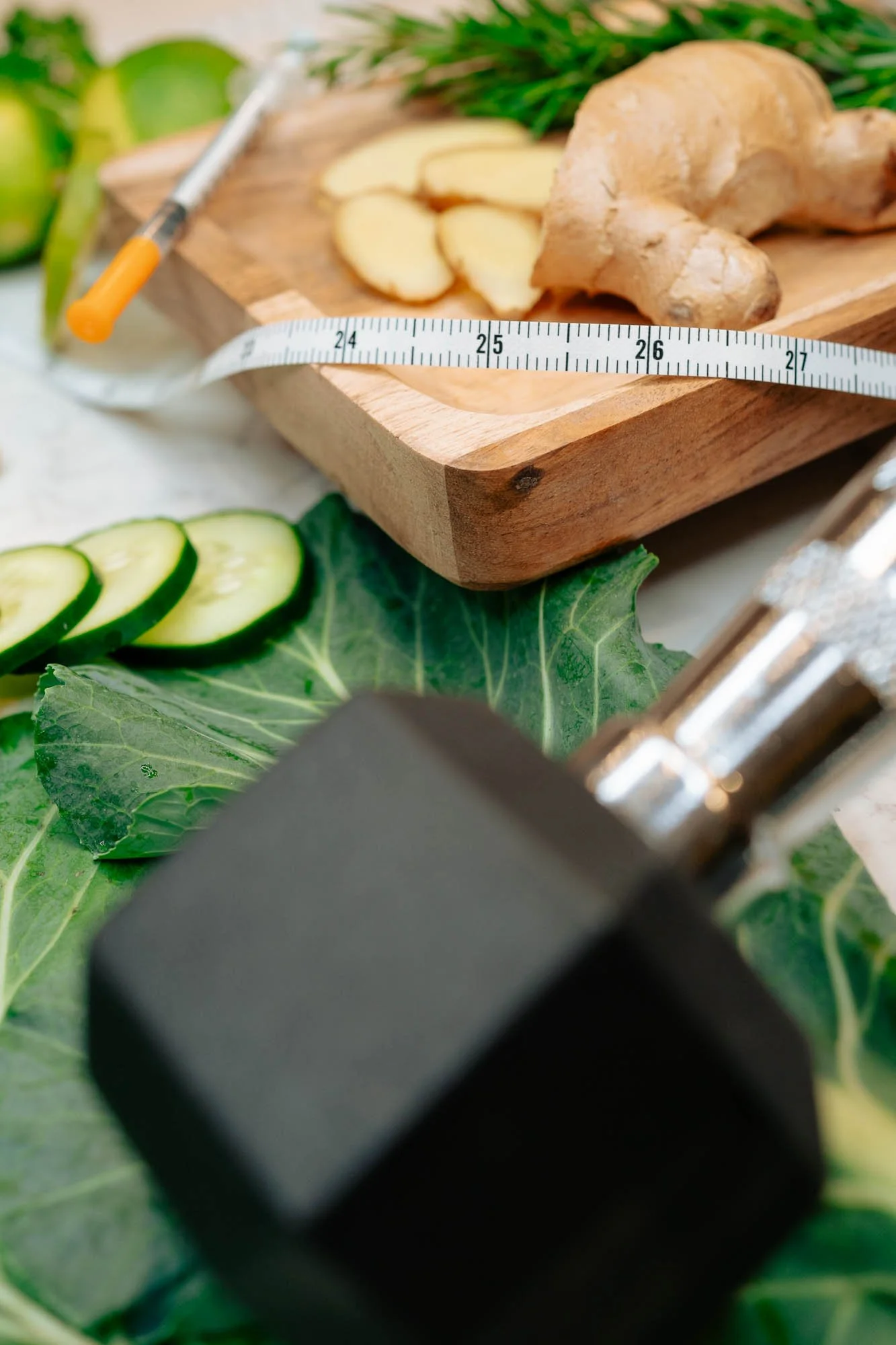 A cutting board with sliced ginger, a knife, and ginger root, surrounded by leafy greens and sliced cucumber.