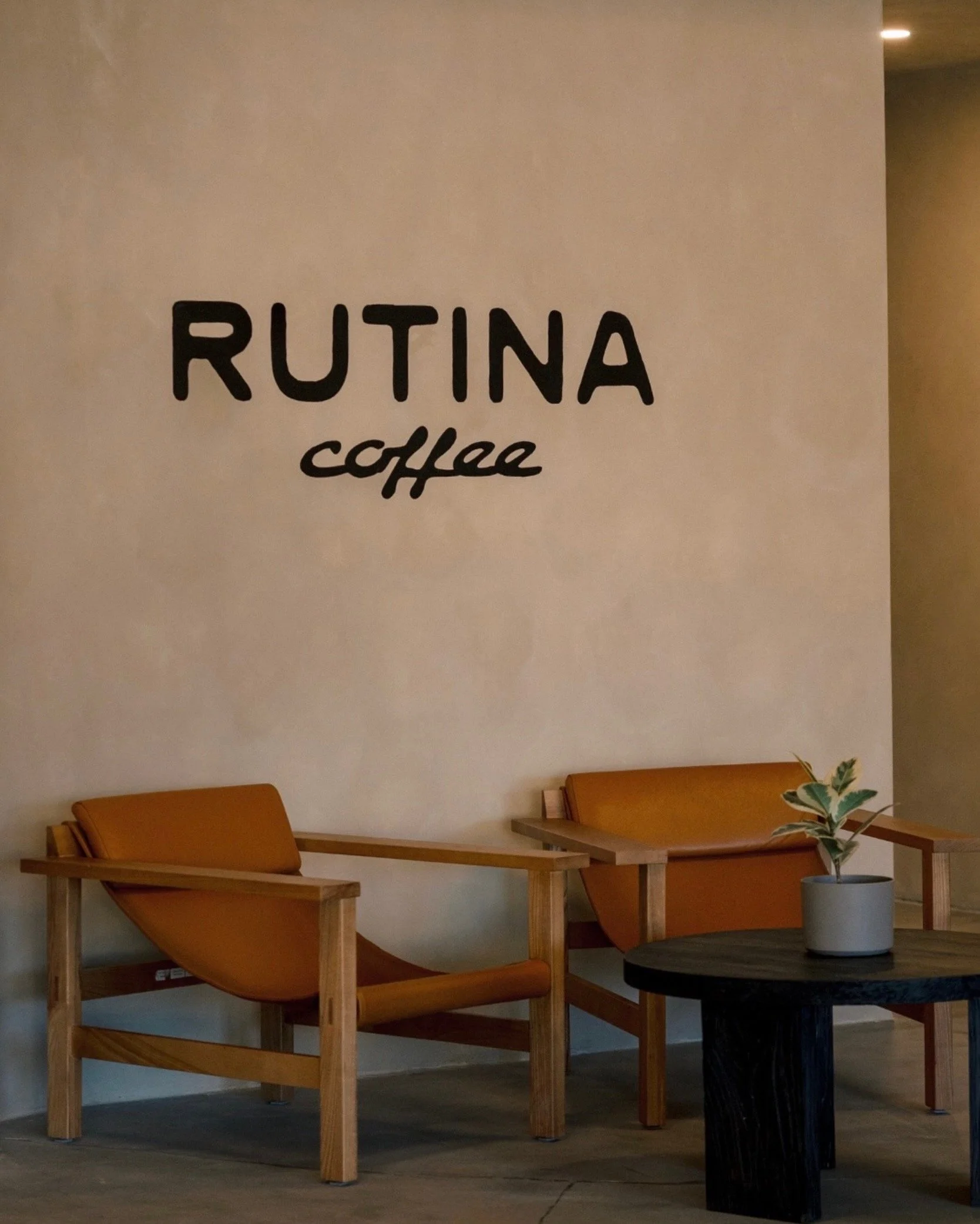 Interior of a coffee shop with two wooden chairs, a black table with a potted plant, and a wall sign that reads 'RUTINA coffee'.