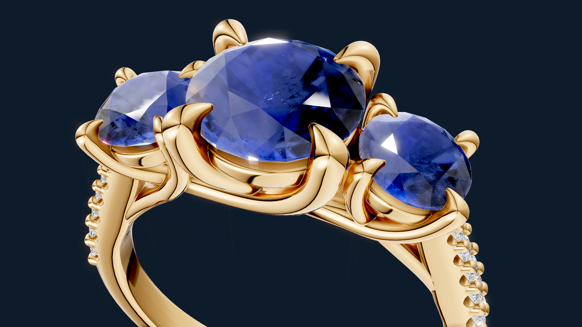 Gold ring with three large blue gemstones and small diamonds along the band.