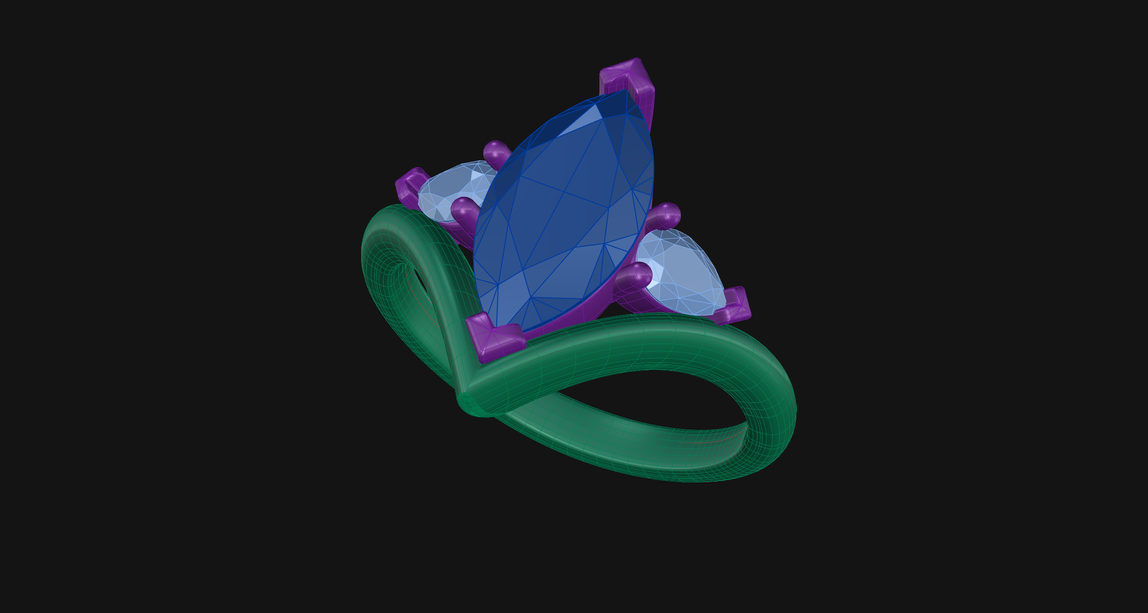A digital 3D model of a ring with a large oval blue gemstone, smaller purple and light blue gemstones, and a green band, set against a black background.