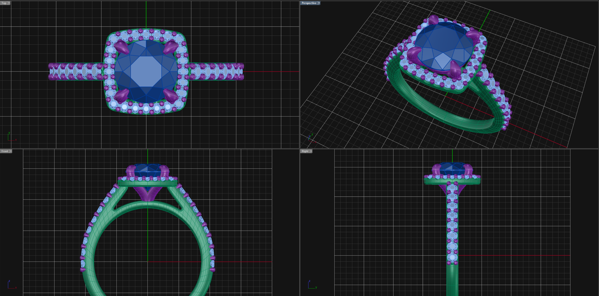 A 3D digital model of a ring with a large central blue gemstone, surrounded by smaller purple gemstones, and decorated with purple teardrop-shaped stones on the top side.