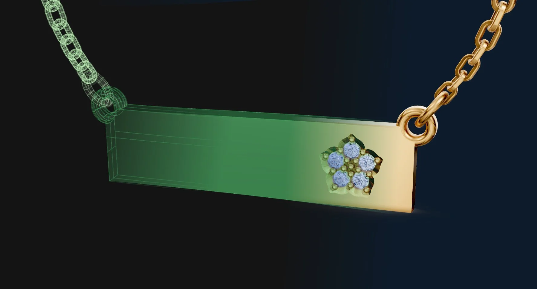 Digital design of a gold chain necklace with a rectangular green pendant featuring a cluster of blue gemstones on a dark background.