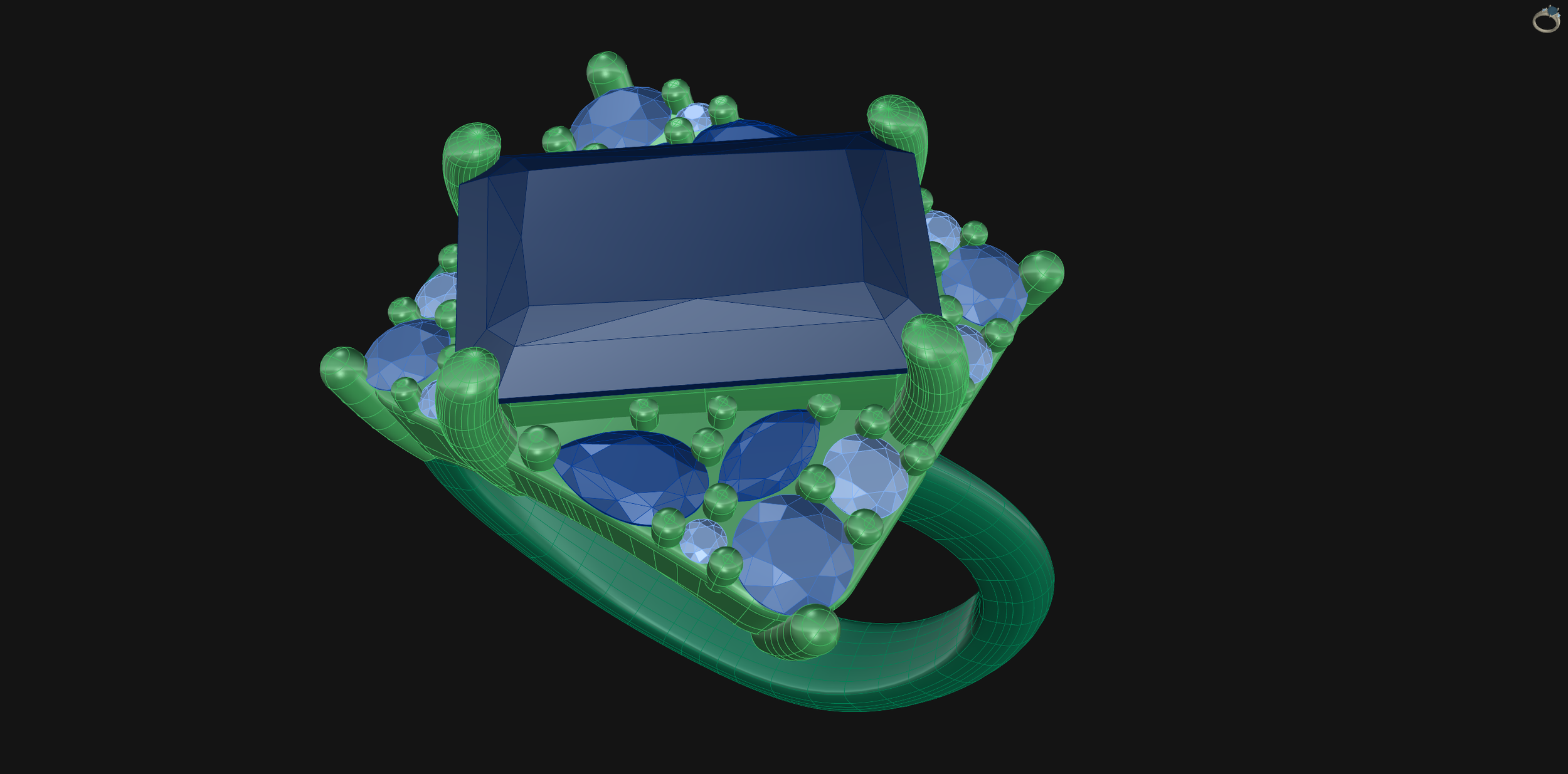 A 3D CAD wireframe model of a decorative cocktail ring featuring a large radiant-cut center stone surrounded by a cluster of smaller round and pear-shaped gemstones, all held within an organic, vine-like green setting.