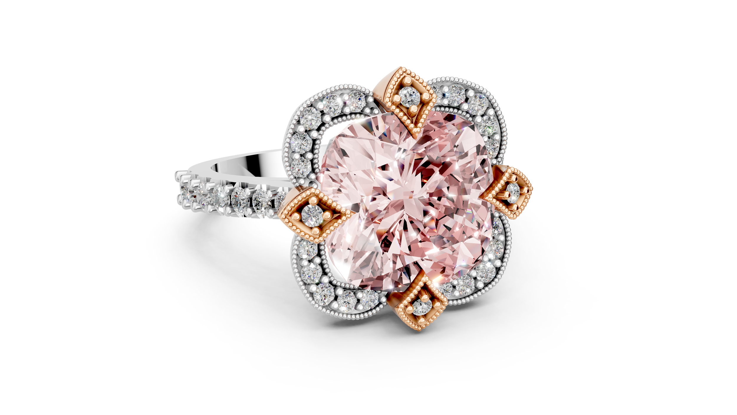A silver ring with a large pink gemstone in the center, surrounded by smaller diamonds and decorative gold accents with diamonds.