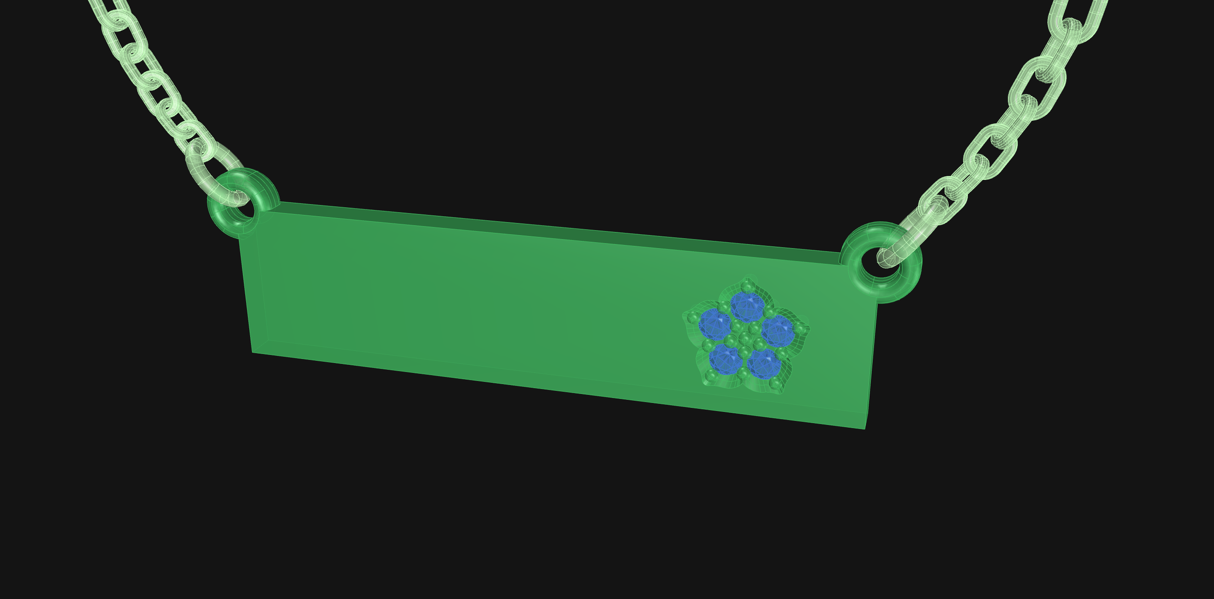 A technical 3D CAD rendering of a green rectangular bar pendant featuring a floral sapphire setting, designed by Paisley Design Studio. The model shows a translucent link chain and precision geometry for manufacturing.