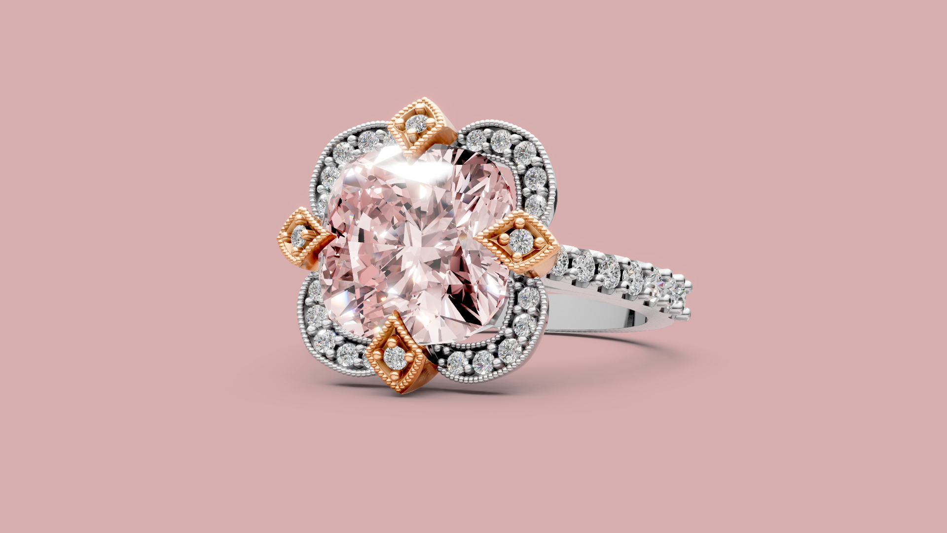 Close-up of an ornate ring featuring a large oval pink gemstone surrounded by smaller diamonds on a pink background.