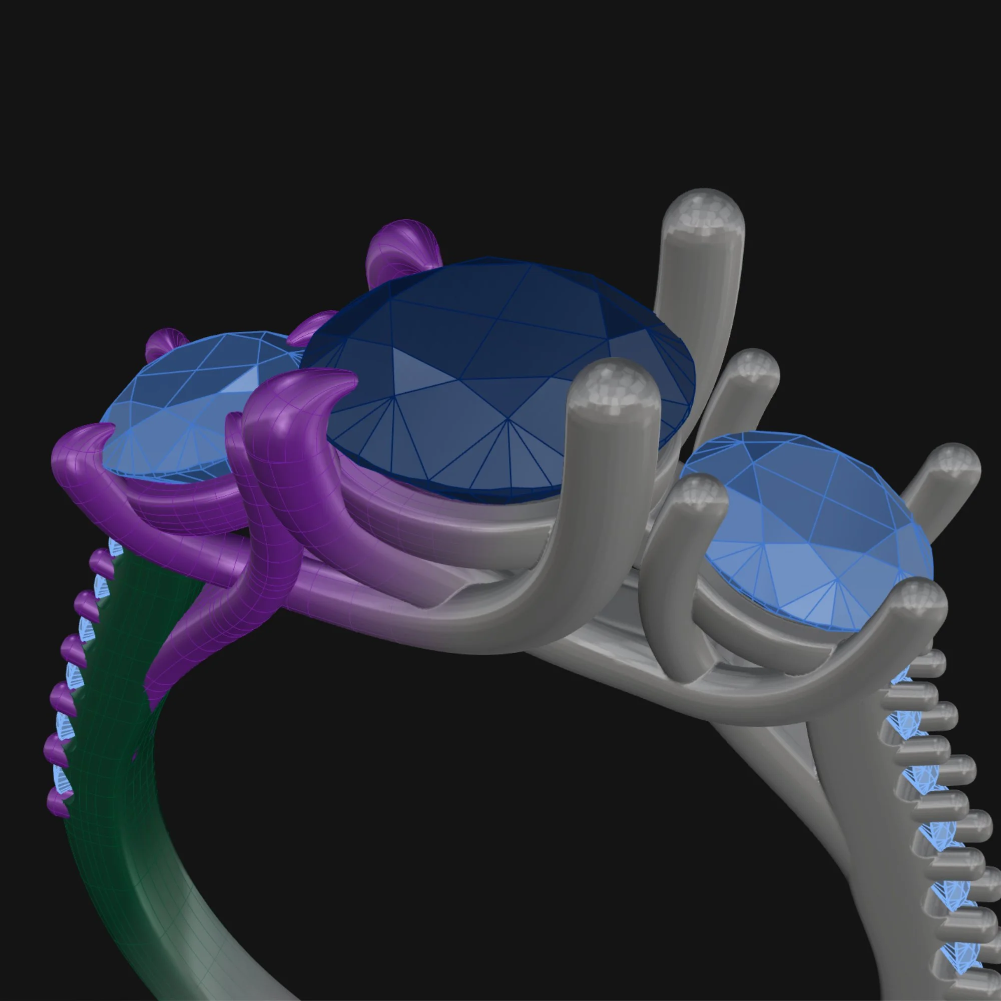 Profile view of a 3D CAD ring model featuring a three-stone sapphire layout with claw prongs transitioning to production prongs.
