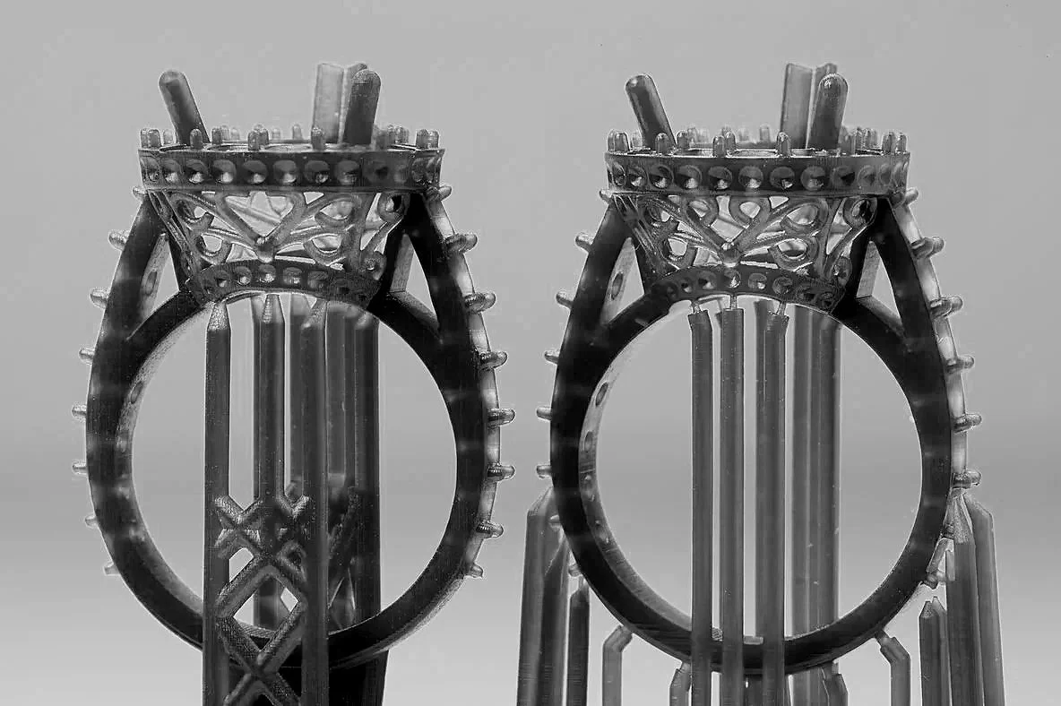 Two 3D-printed resin or wax ring models with intricate gallery details and casting supports.