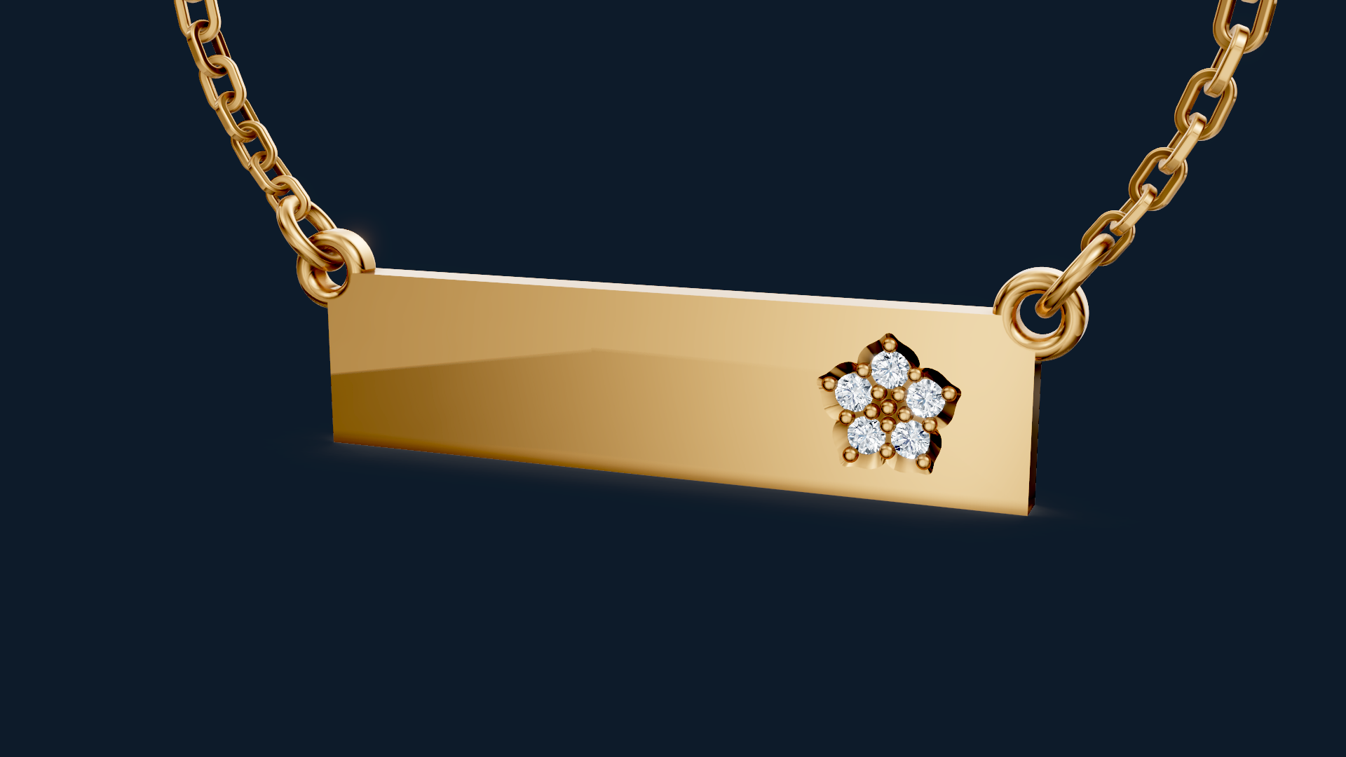 Gold necklace with a rectangular pendant featuring a flower-shaped arrangement of diamonds on a dark background.