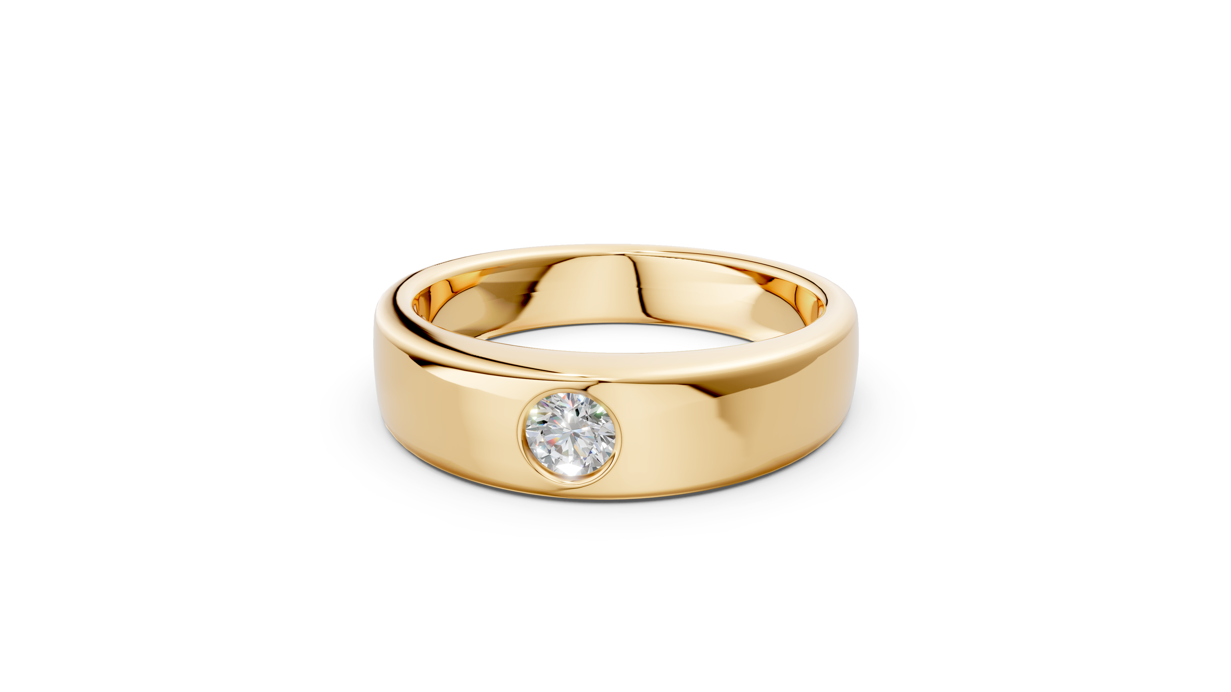 A photorealistic 3D CAD render of a polished yellow gold wide band ring, featuring a single round brilliant diamond in a secure bezel setting, designed by Paisley Design Studio.
