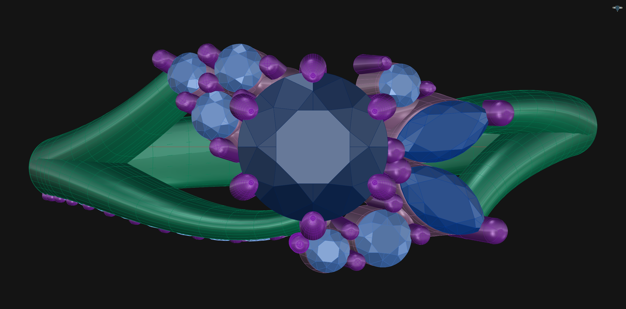 A computer-generated 3D molecular model featuring a complex structure with green ribbon-like strands, large blue polyhedral shapes, and smaller purple spherical elements, set against a black background.