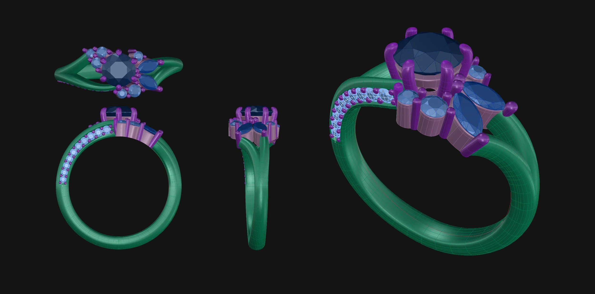A multi-view 3D CAD technical layout of a cluster engagement ring featuring a round center stone, marquise accents, and a pavé-set band. The model displays top, side, and profile perspectives for manufacturing, designed by Paisley Design Studio.