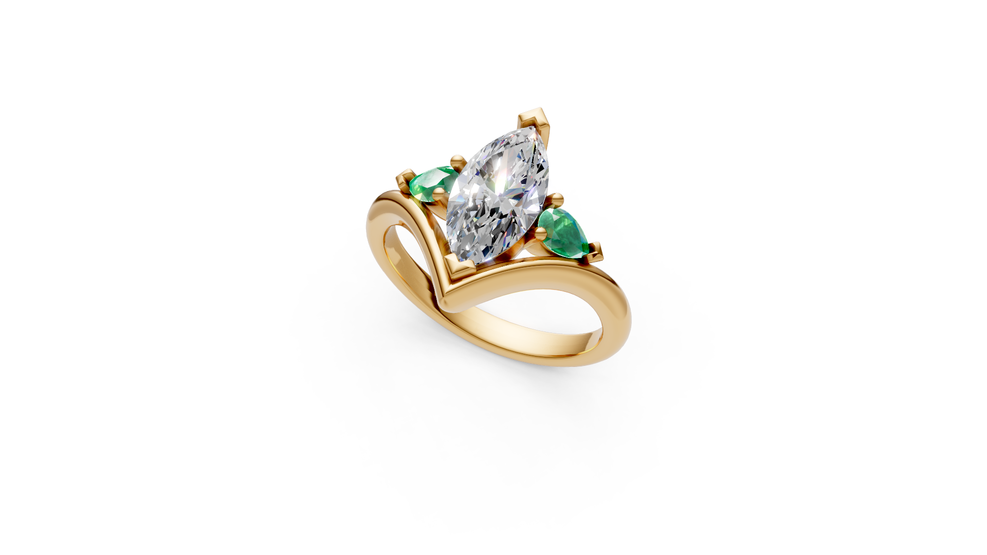 Gold ring with a large marquise-cut diamond and two small green gemstones on the band, set against a white background.