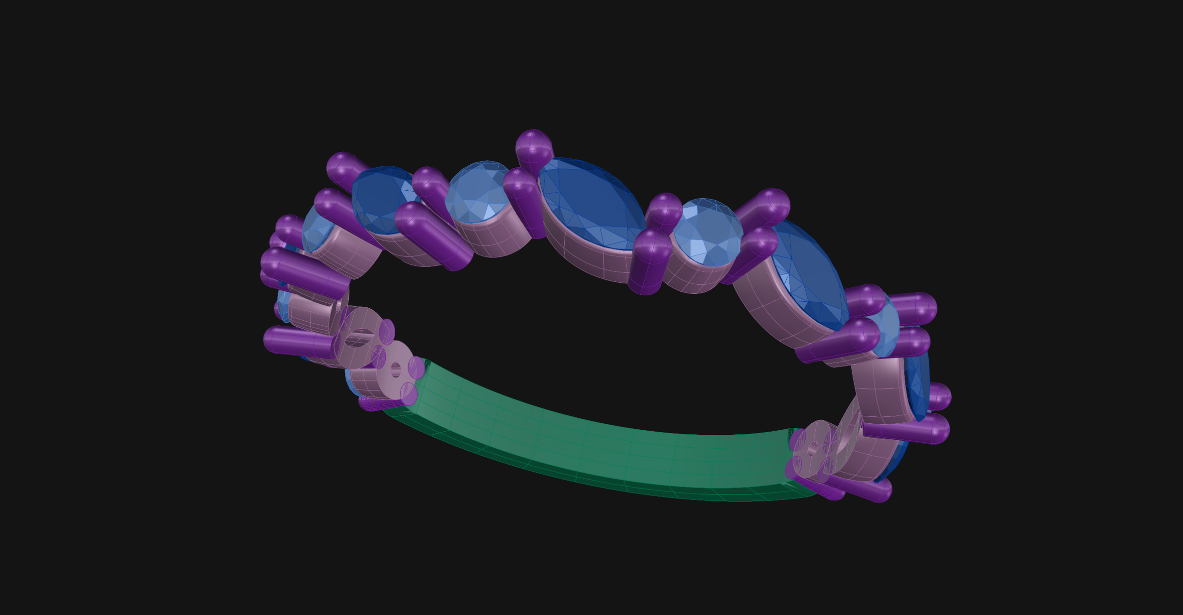 A 3D CAD model of a multi-stone wedding band featuring alternating marquise and round gemstones. The design showcases shared-prong settings and a curved, organic layout for manufacturing, created by Paisley Design Studio.