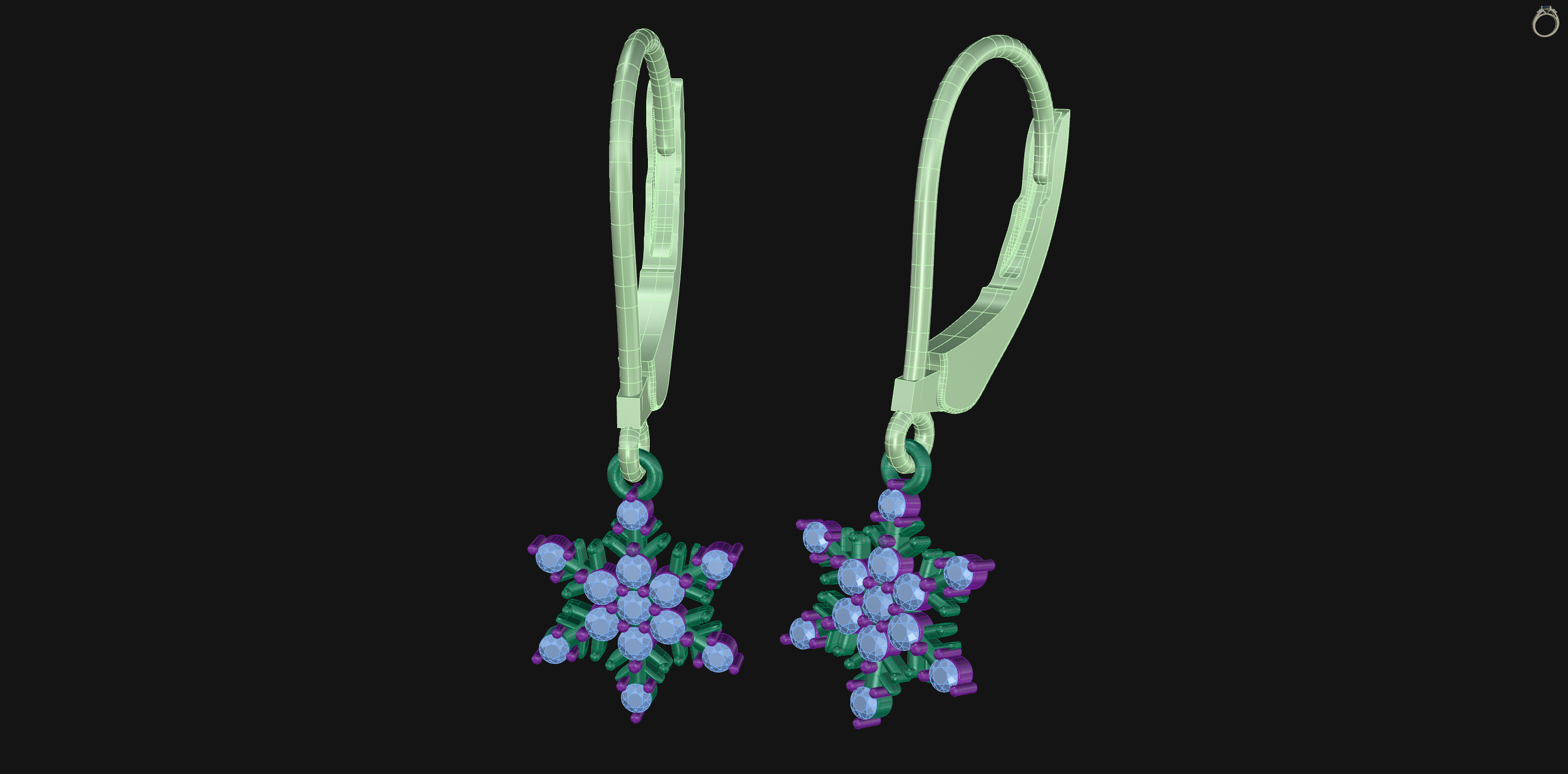 3D model of a pair of earrings with star-shaped pendants decorated with purple and blue crystal beads.