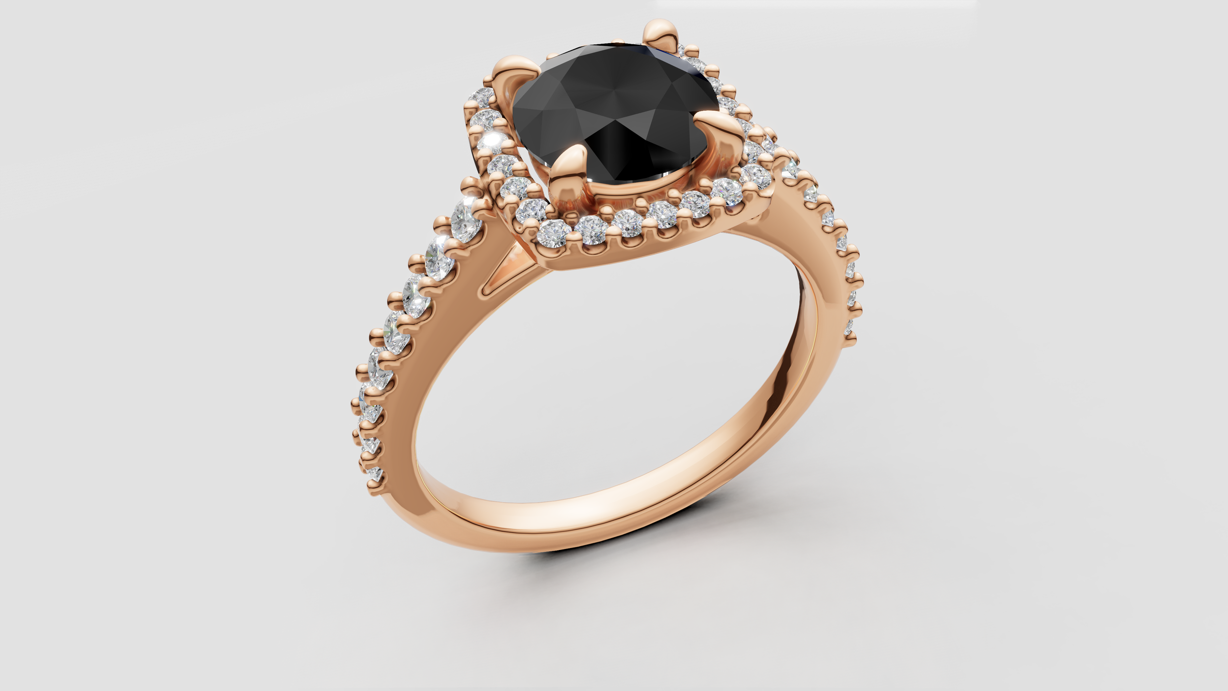 A rose gold ring with a large black gemstone center surrounded by small clear diamonds, and along the band, small clear diamonds.