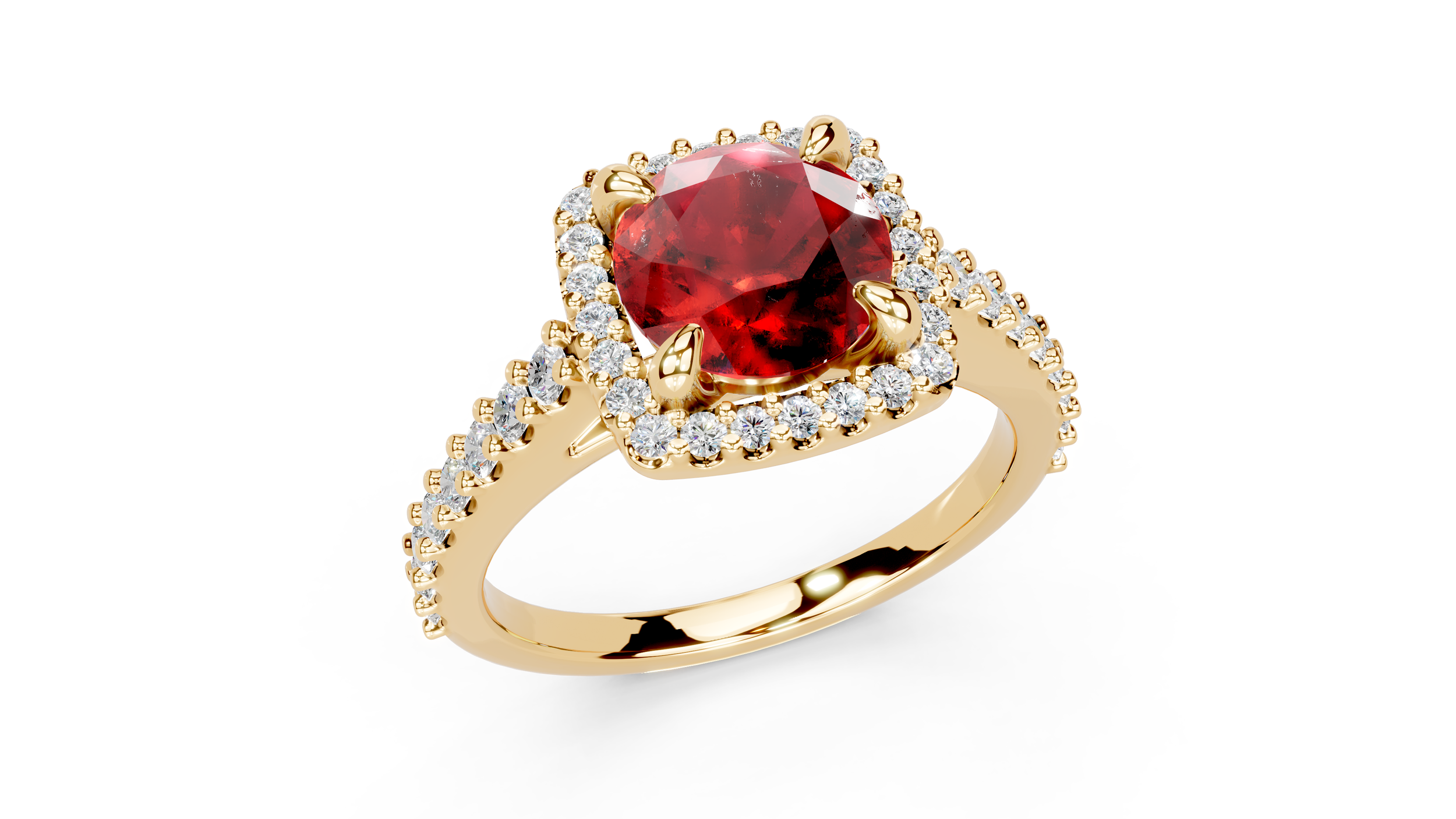A high-fidelity 3D CAD render of a yellow gold engagement ring featuring a round red ruby center stone with a diamond halo and pavé-set diamond accents on the band, designed by Paisley Design Studio.