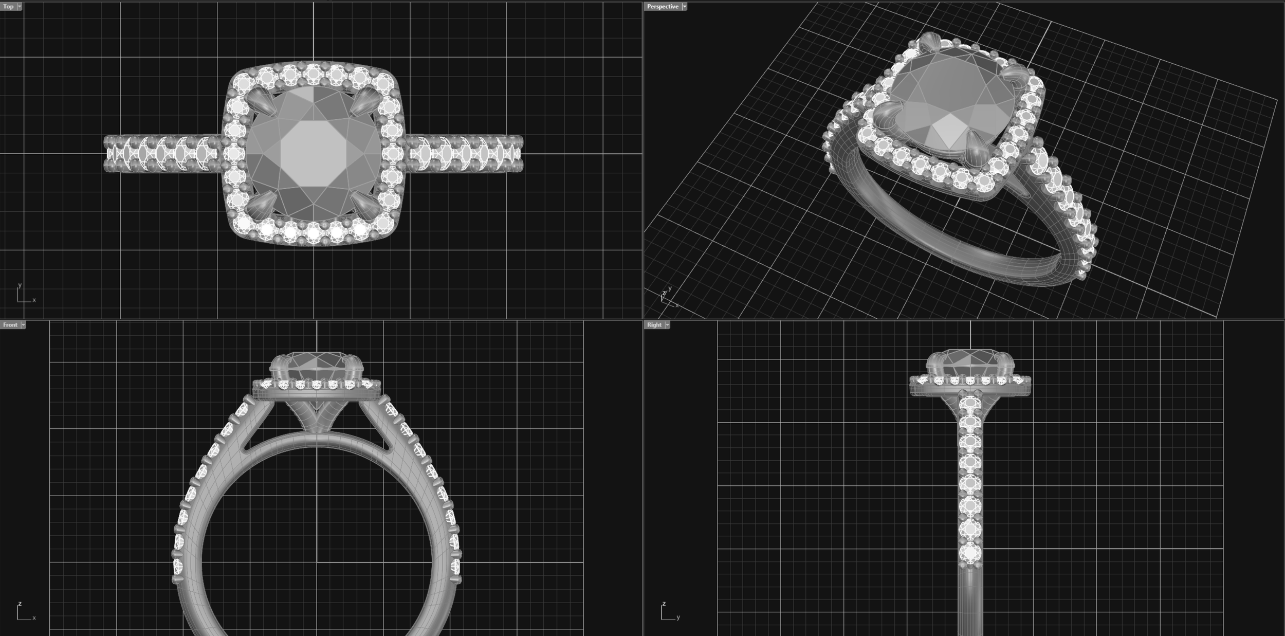 A four-pane CAD technical view of a cushion-cut halo engagement ring with a diamond-set band.
