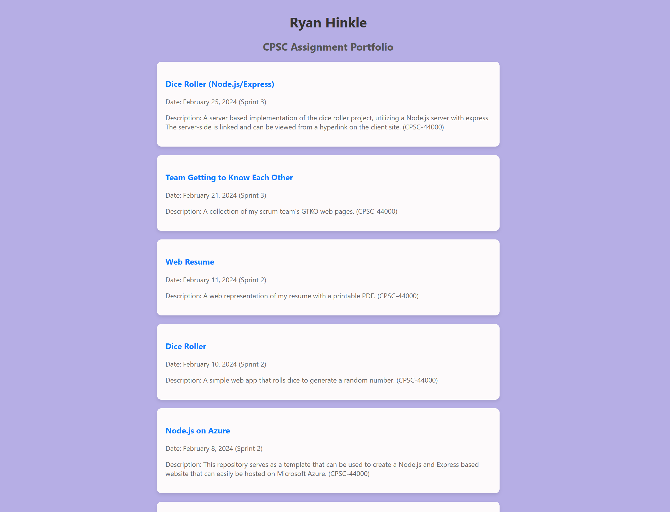 Screenshot of a digital portfolio page with a purple background, titled 'Ryan Hinkle,' featuring a list of Node.js and Express project titles, dates, and descriptions in white boxes.