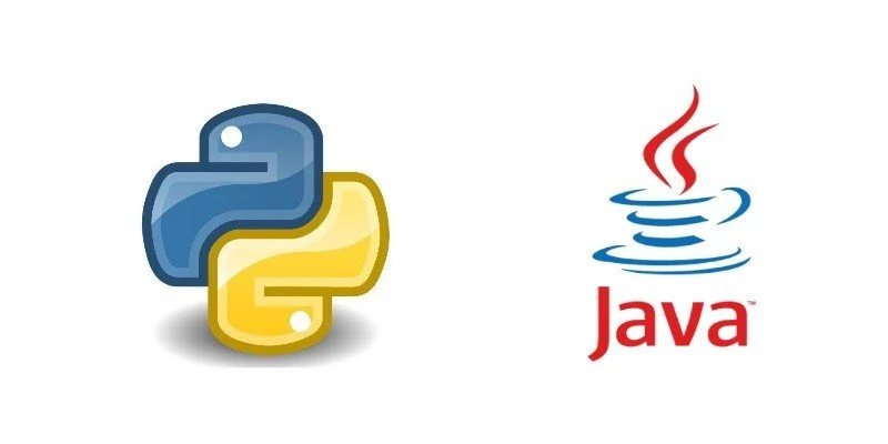 The image shows the logos of Python and Java programming languages, with Python's logo on the left and Java's logo on the right.