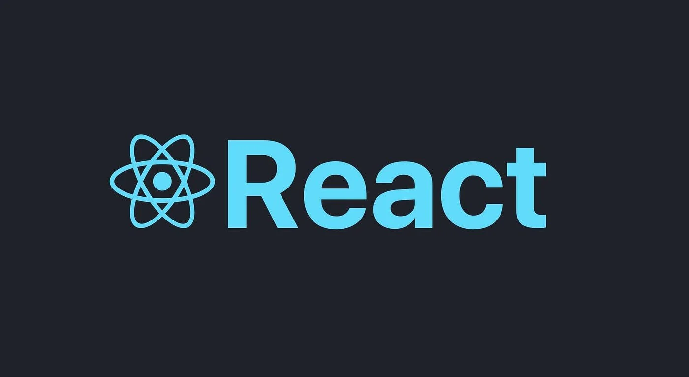 React logo with blue atom symbol and the word 'React' on a dark background.