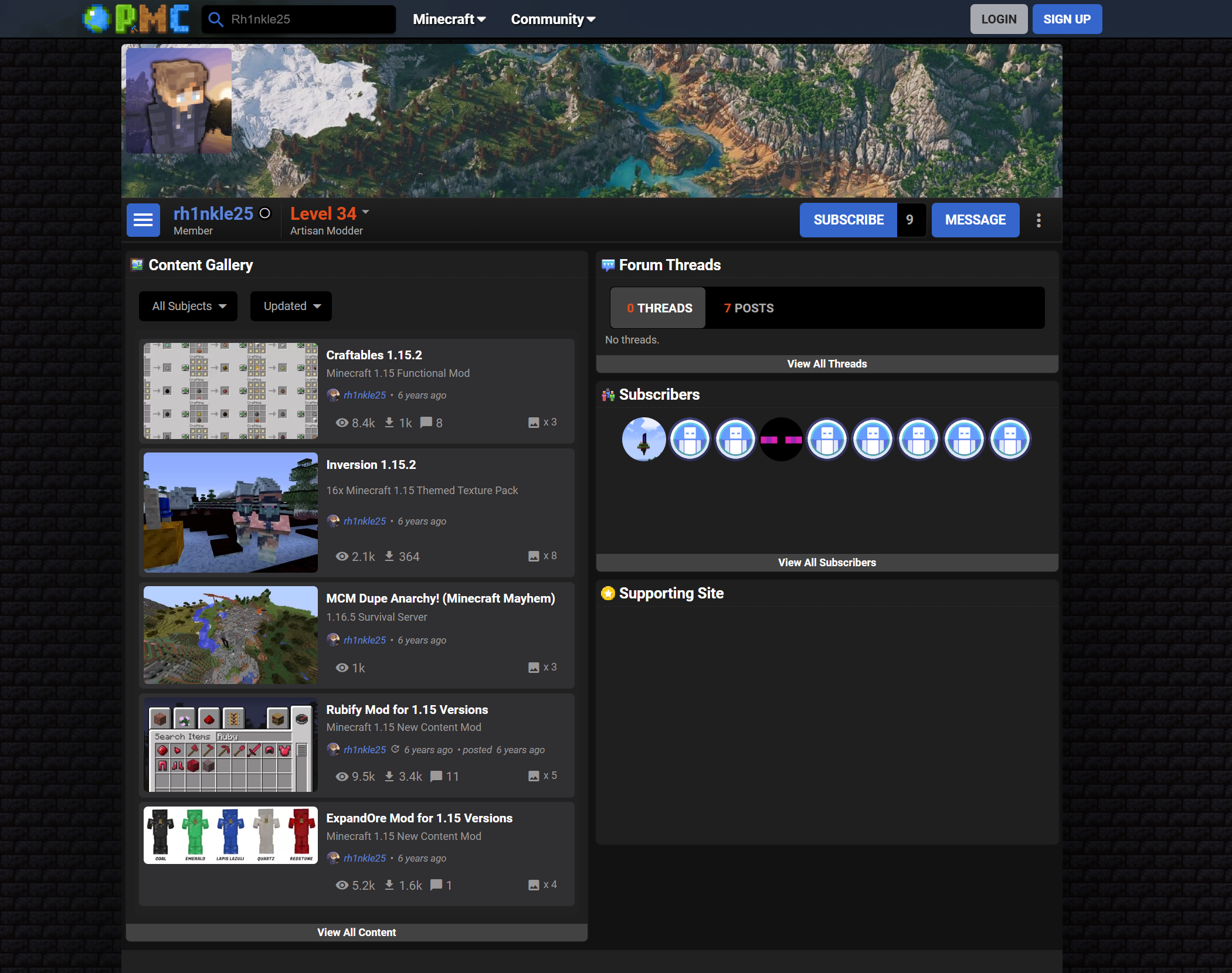 Screenshot of a Minecraft forum profile page showing user profile picture, username, level, and a list of recent content including mods and servers.